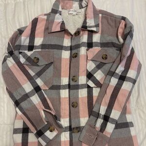 Pink and Gray Plaid Button-Up Shirt